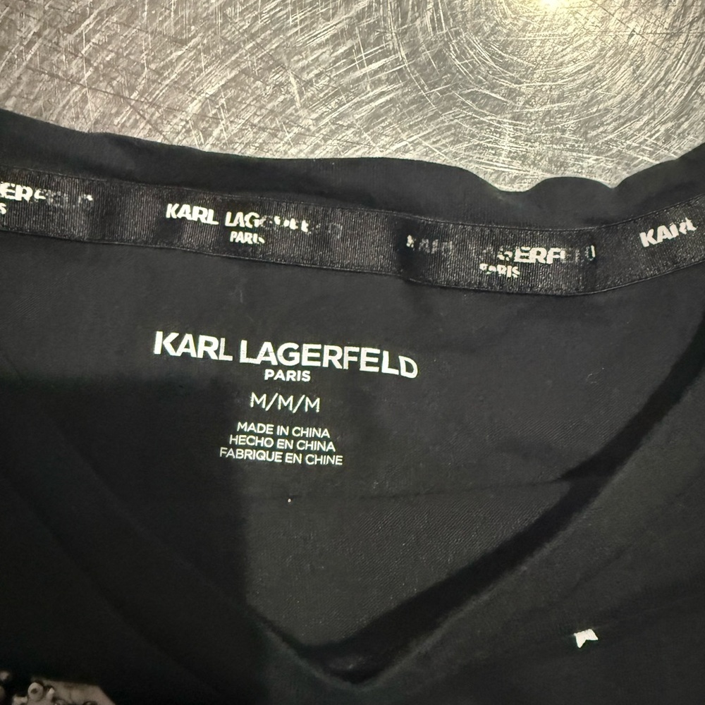 Karl Lagerfeld Paris women’s black  Tee with Iconic Graphics with sequins/beads - Picture 2 of 4